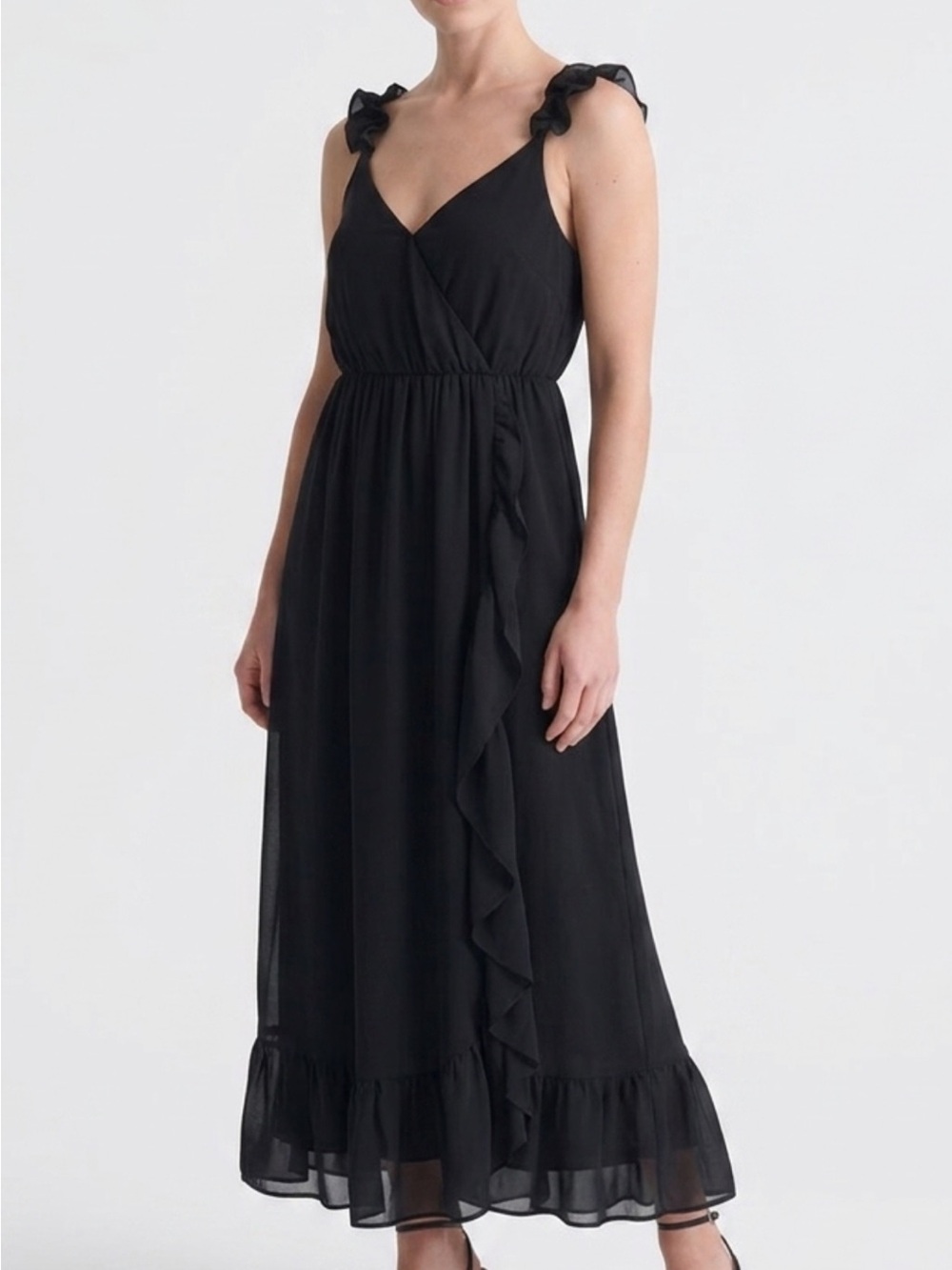 Madewell Black Ruffle-Shoulder Wrap Maxi Dress